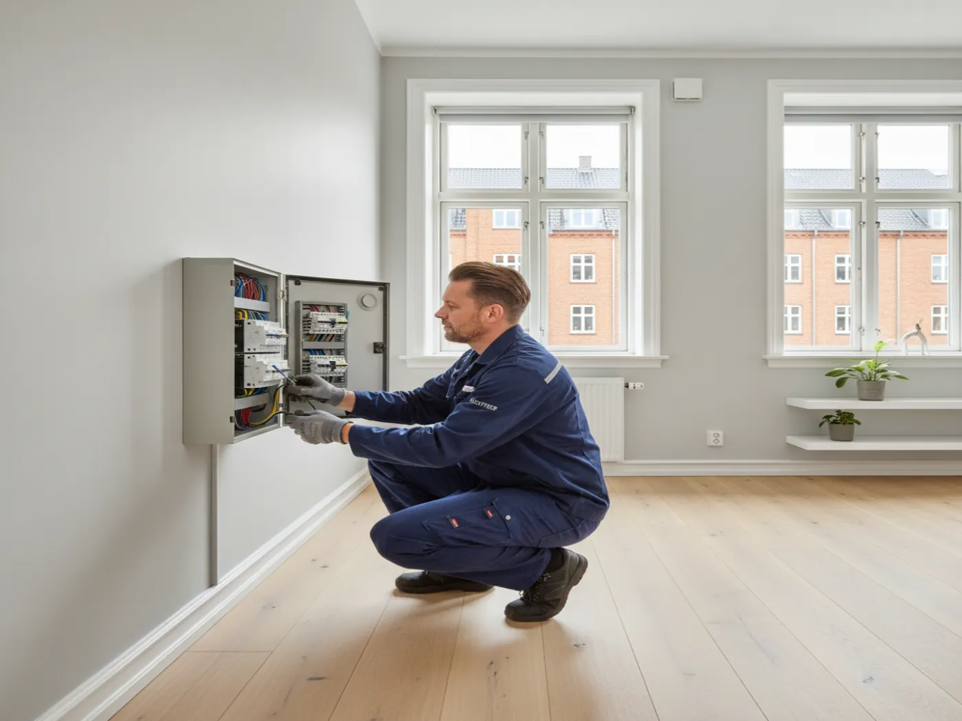 Elektriker arbejder på eltavle på Amager